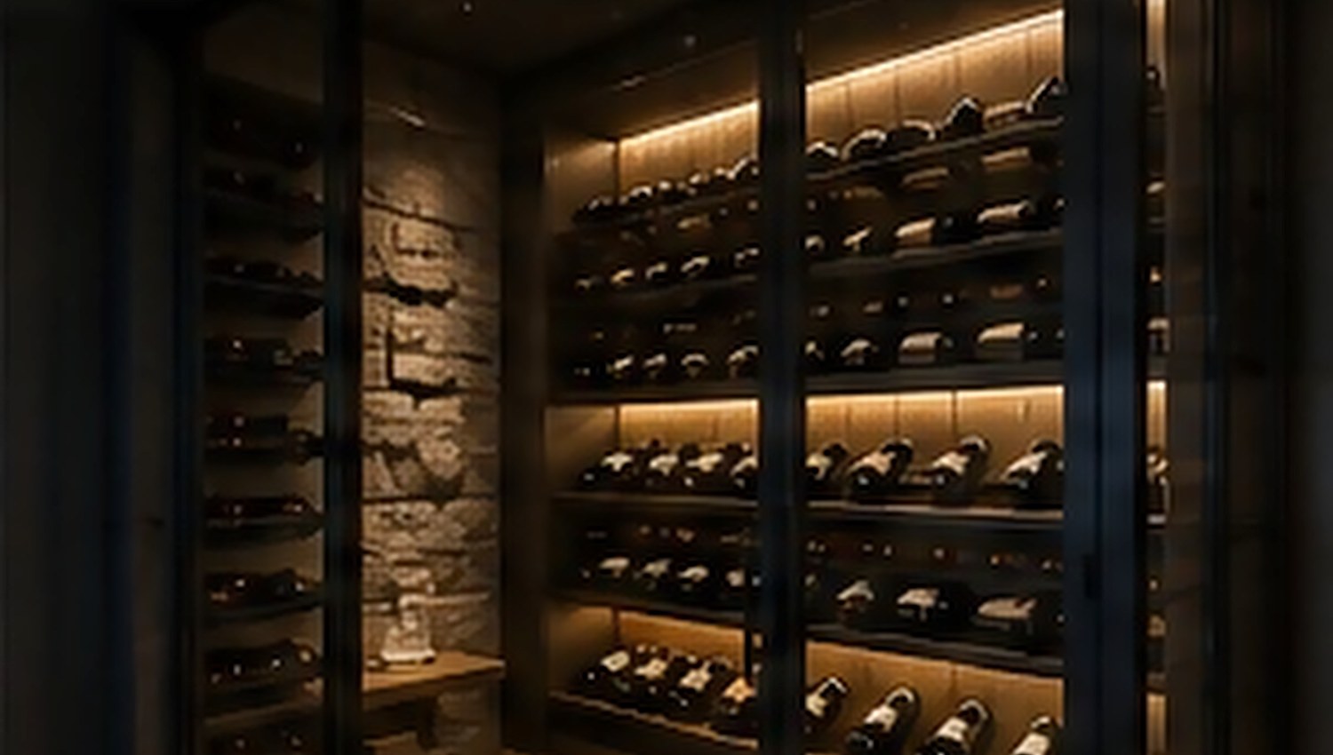 Wine room with backlit display racking