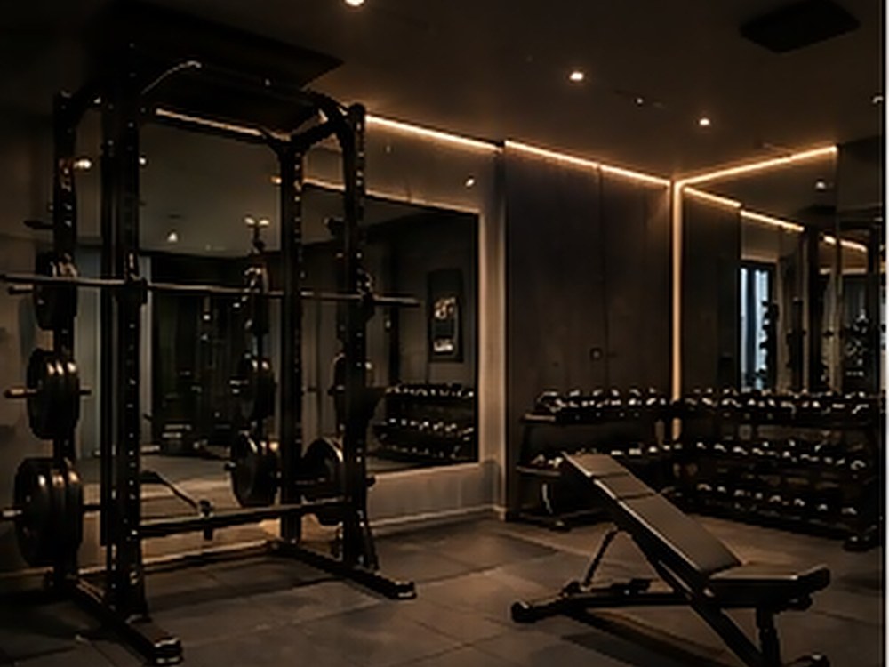 Mirrored training wall, rig and dumbbell storage under cove lighting.