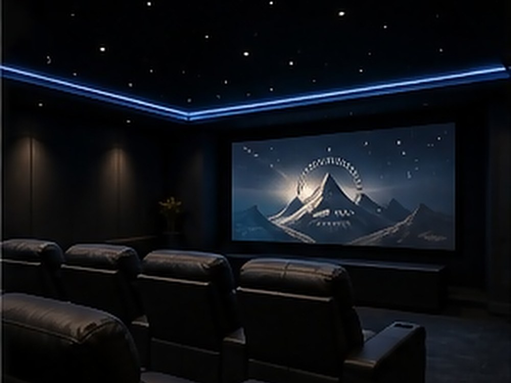 Star ceiling, acoustic wall treatment and tiered recliner seating.
