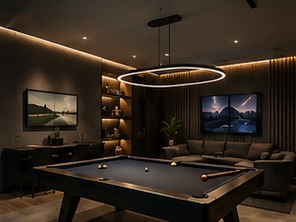 Pool table under a feature ring light with lounge and screens.