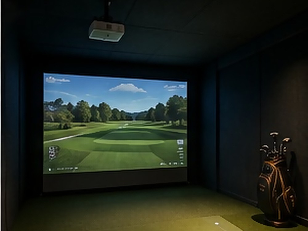 Simulator bay with ceiling projection, turf and club storage.