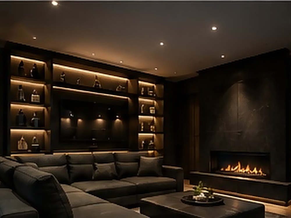 Media lounge with linear fireplace and display joinery.
