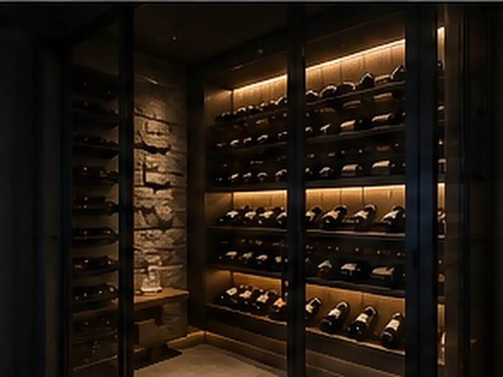 Climate-controlled display racking against exposed stone.