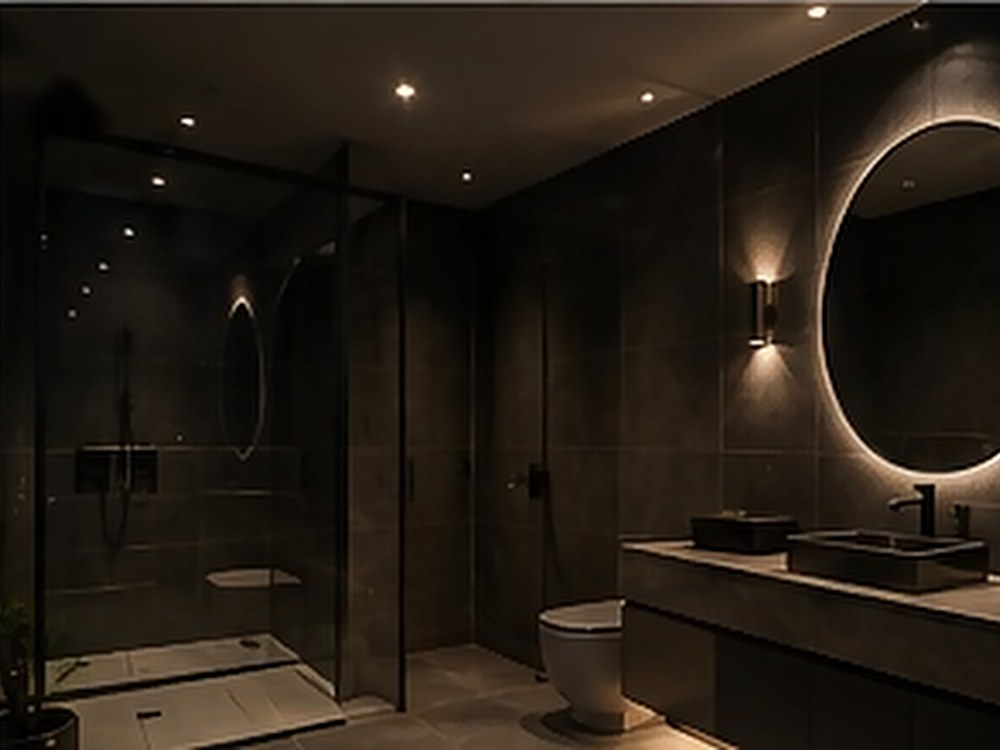 Full-height porcelain, backlit mirror and concealed lighting.