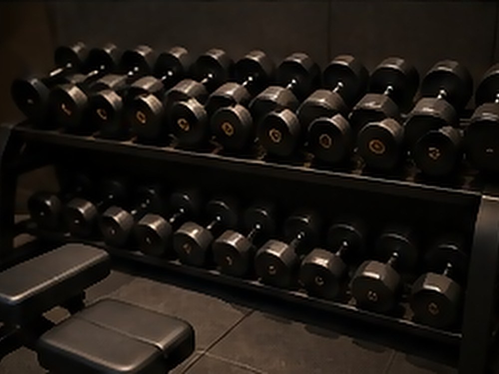 Dumbbell rack and bench detail on impact-rated flooring.